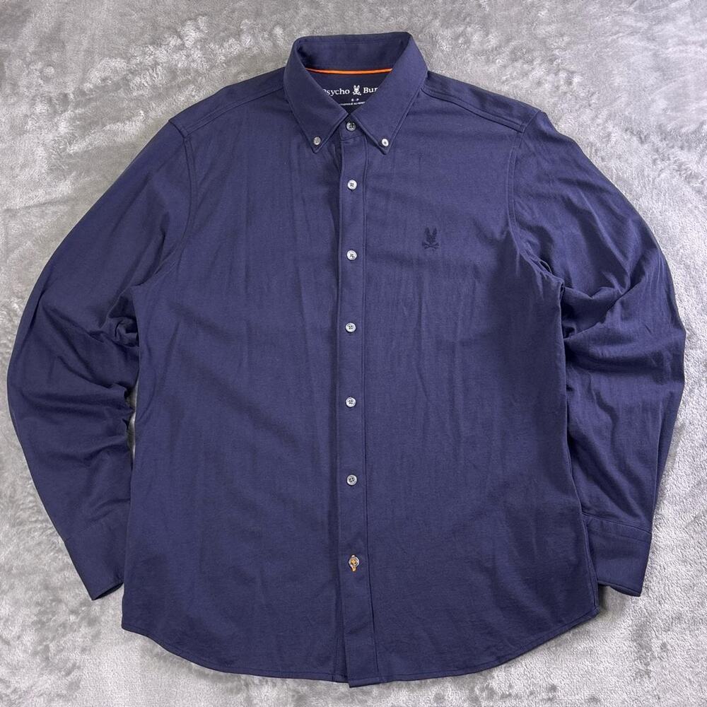 Psycho Bunny Men’s Small Navy Blue Long Sleeve Button Down Shirt Logo Peru